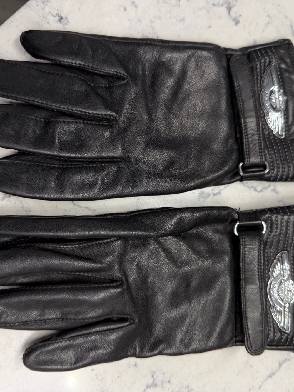 Harley-Davidson Black Leather Riding Gloves with Silver Wing Emblem